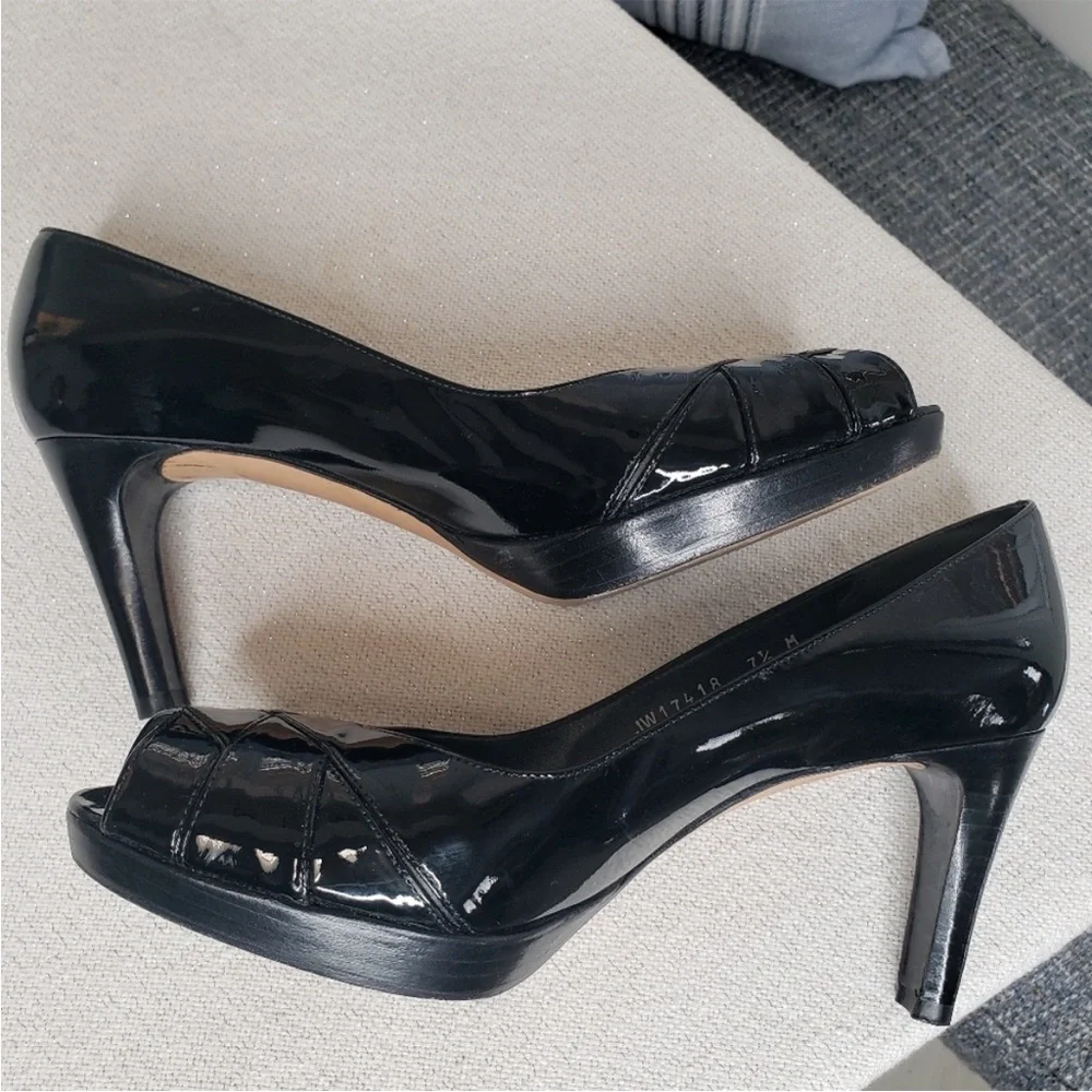 Stuart Weitzman Black Patent Peep-Toe Heels